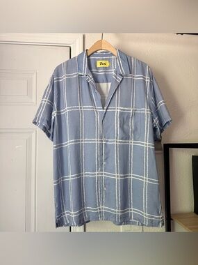 DUVIN blue white windowpane check linen tencel short sleeve button up shirt